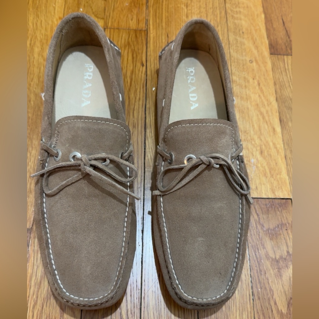 Prada Men’s Suede Loafers In Taupe Brown